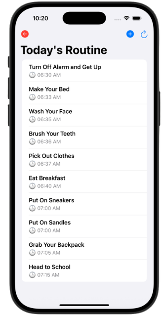 Parent app, today's routine list on smartphone